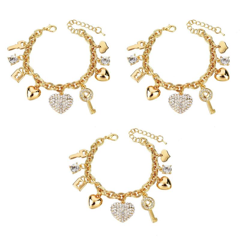 3 Sets of Love Locked Gold Charm Bracelets