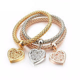 3 Set of Heart Charm Bracelets with Austrian Crystals