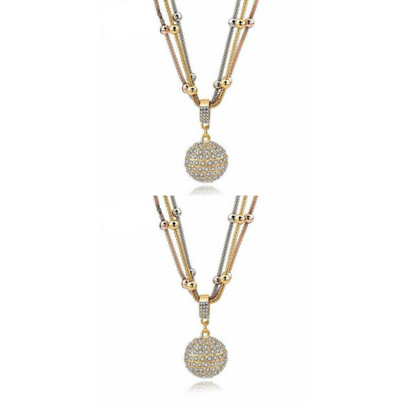 2 Sets of Gold Ball Necklace with Rhinestone Pendant - Necklace