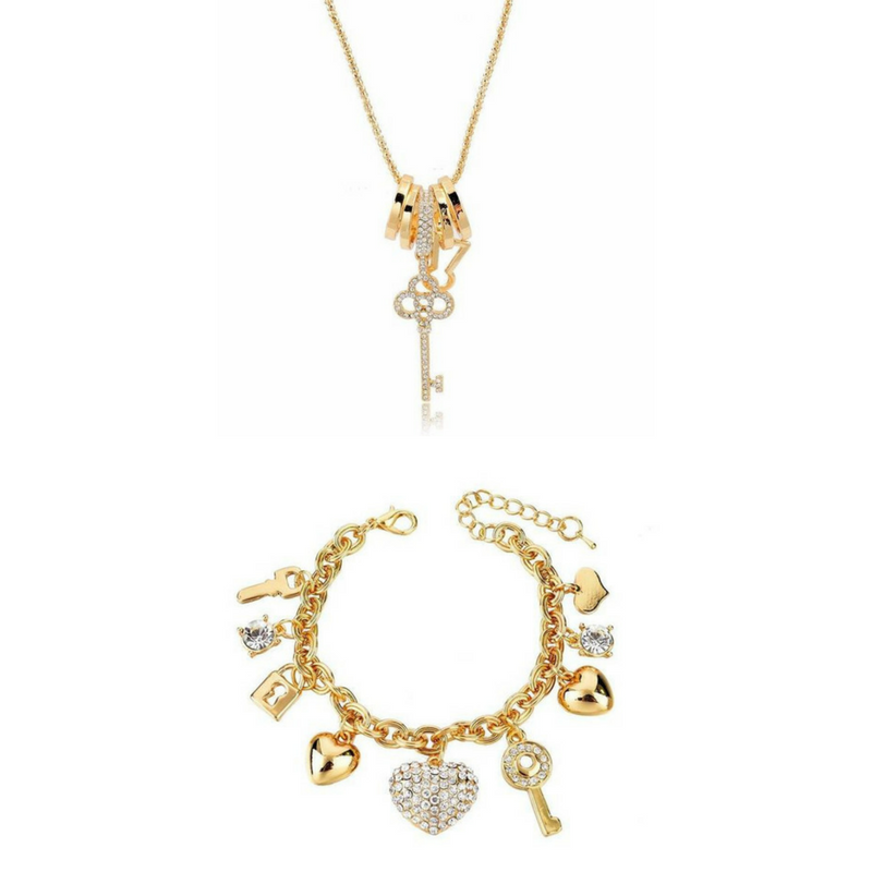 Gold Key Necklace and Love Locked Bracelet Bundle