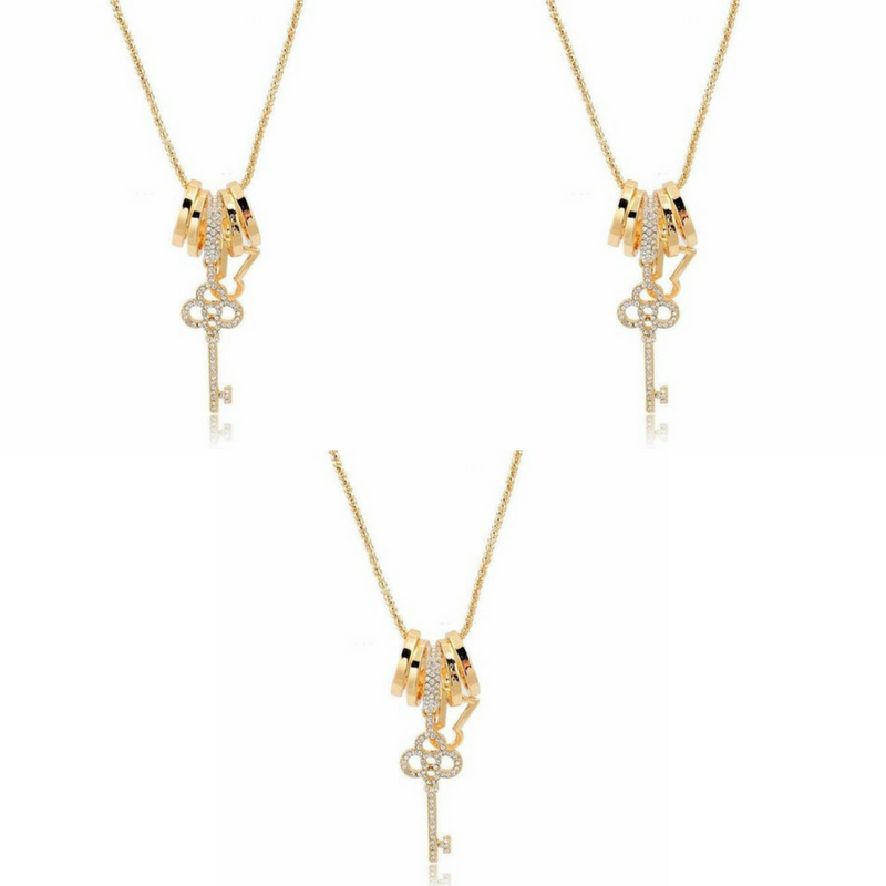 3 Set Gold Key - Long Necklace with Austrian Crystals